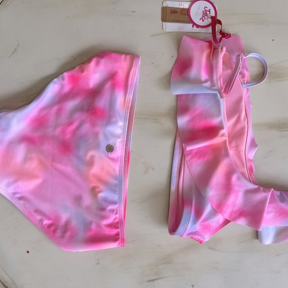 NWT- Justice Brand- Girls 2 Piece Pink Swirl Ruffle Top Swimsuit Size L (12/14) - Picture 4 of 5